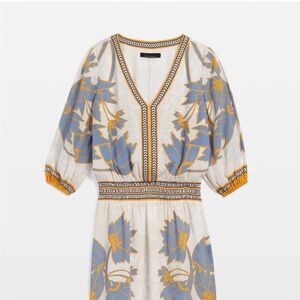 Floral V-Neck Dress in Blue and Gold